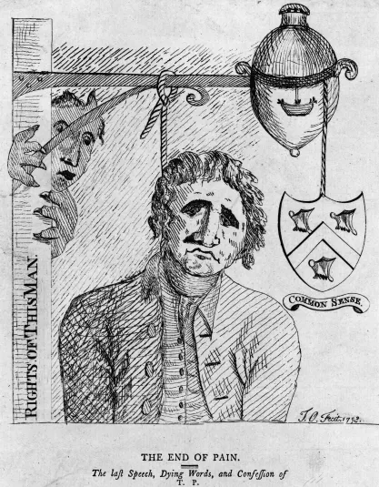 Cartoon showing Thomas Paine being hanged.